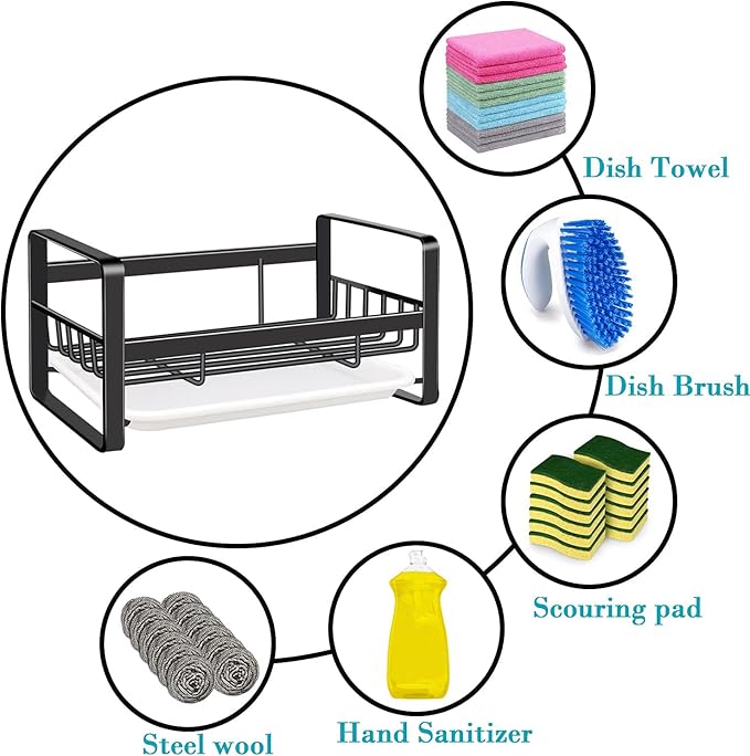 VANTEN Kitchen Sink Caddy Sponge Holder Organizer, Sink Tray Drainer Rack, Soap Dish Dispenser Brush Holder Storage Accessories - Countertop or Adhesive Wall Mount, Matte Black Stainless Steel