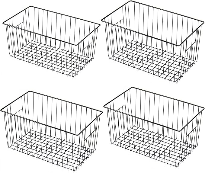 4 Pack Freezer Organizer Bins - Stand up Freezer Organizers for 16 Cu.Ft Upright Freezer, Easily Get Food Improve Air Circulation, Wire Storage Baskets, Black