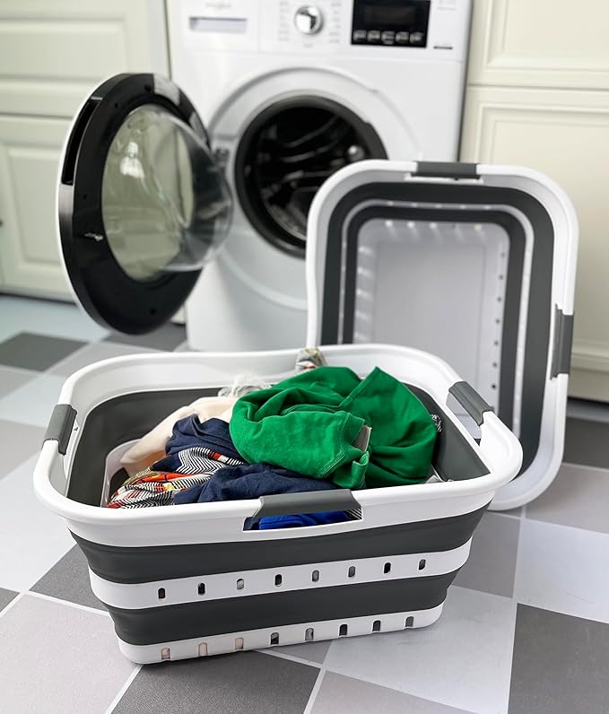 SAMMART 42L (11 gallons) Set of 2 Plastic Foldable Storage Basket/Container - Collapsible, Space Saving and Portable Laundry Hamper, Ideal for Home, Travel, Dorm, and Camping (2, White/Steel Grey)