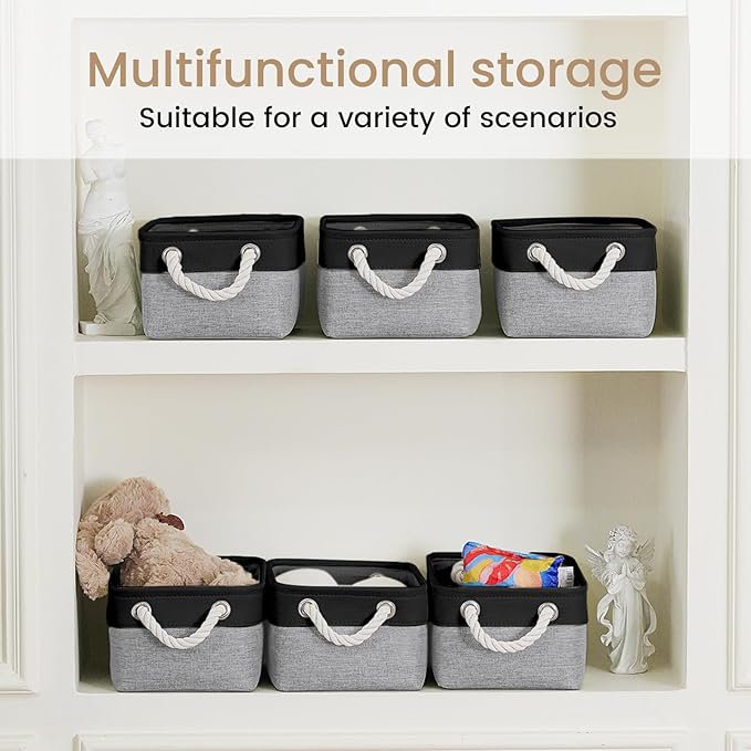 Storage Baskets for Shelves 11.8x7.9x5.2 Inch, Foldable Fabric Storage Bins with Handles, Small Storage Baskets for Organizing Closet, Office, Home Organization (6-Pack, Black&Gray)