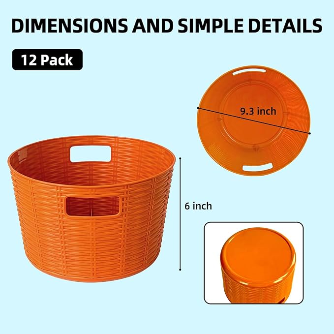 12-Pack Plastic Storage Baskets, Stackable & Nestable Organizer Bins for Toys, Clothes, Home (Orange - Circular)