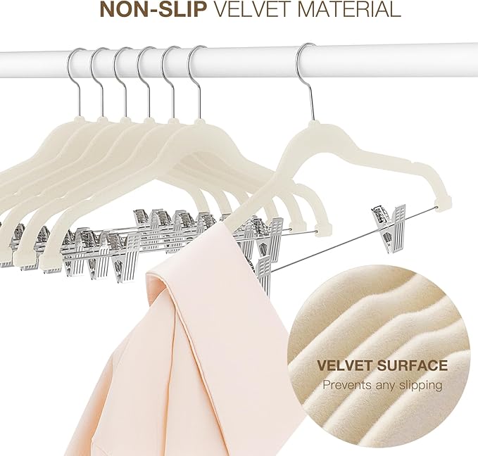 Korpai 36-Pack Beige Velvet Hangers with Clips Adjustable,Adult Hangers,Outfit Hanger,Heavy-Duty,Felt,Non-Slip,Space Saving, for Pants, Skirts, Suits,Coats, Dresses ect.