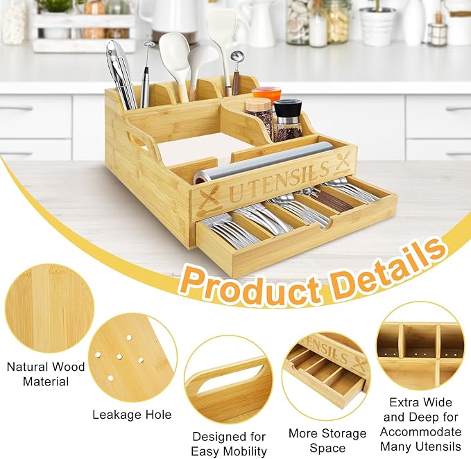 Kitchen Utensil Holder, Lagre Wooden Cooking Utensil Holder, Farmhouse Spatula Organizer, Countertop Utensil Crock for Forks Spoons Knives Kitchen Cooking Tools Storage with 11 Compartments(Log Color)