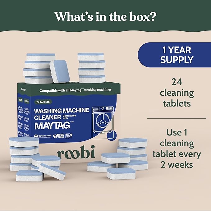 Roobi Washing Machine Cleaner Tablets. Compatible with Maytag and All Washing Machine Brands and Models. Septic Safe Deep Clean Formula. Carbon-Neutral 24-Pack Cleaning Tablets.