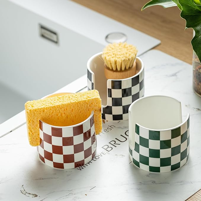 Ceramic Kitchen Sponge Holder, Dish Sponge Holder Suitable for Scrubby Farmhouse Dish Rack Brush Holder for Christmas Bathroom, Kitchen, Sink, Green and White