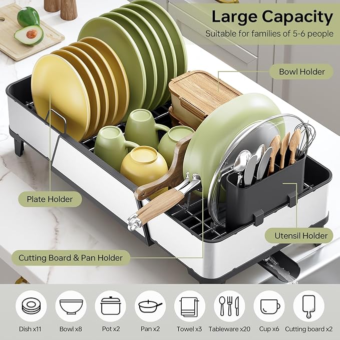 Large Dish Drying Rack - Triple Expandable Dish Rack for Kitchen Counter, Stainless Steel Sink Organization and Storage Essentials with Utensil & Pans Holder for Home and Appartment, Black