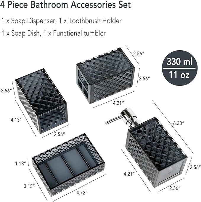 Bathroom Accessories Set, 4 PCS Grey Bathroom Accessory Sets Complete, Diamond Pattern Soap Dispenser and Toothbrush Holder Set,Boho Bathroom Decor, Dark Grey Bathroom Sets Accessories