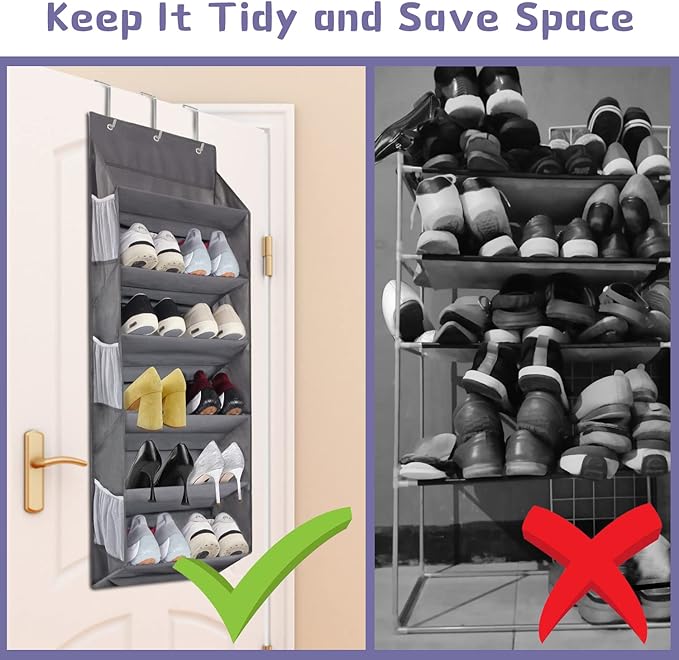Miracsnail Over the Door Shoe Rack Organizer Hanging Fits 12 Pairs Shoes with 6 Mesh Pockets 6 Deep Large Pockets 50lbs Weight Capacity Behind the Door Storage Organizers for Closet Narrow Door 1 Pack