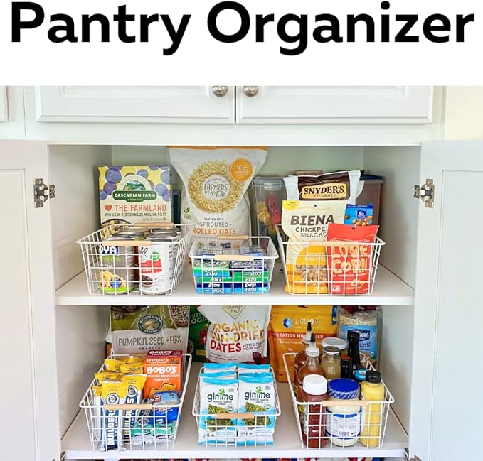 Evelots Wire Storage Baskets with Wood Handles-Pack of 6-Kitchen Cabinet, Pantry Shelf Organization, or Bathroom Metal Basket-Refrigerator/Freezer Organizer Bins-White