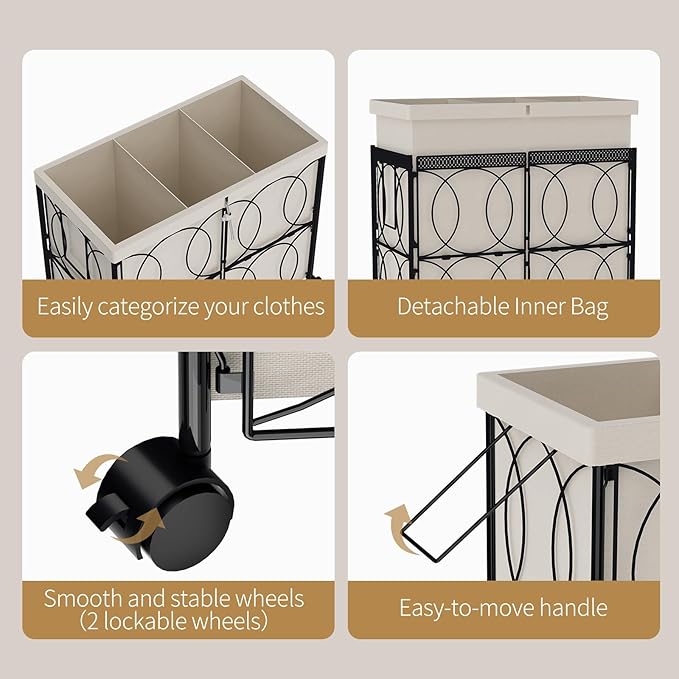 VIPLEO Laundry Hamper with 3 Section, Large 180L Rolling Laundry Basket with Wheels, Metal Heavy Duty Laundry Hamper with Detachable Bags, Dirty Clothes Hamper Organizer for Bedroom, Bathroom(Beige)