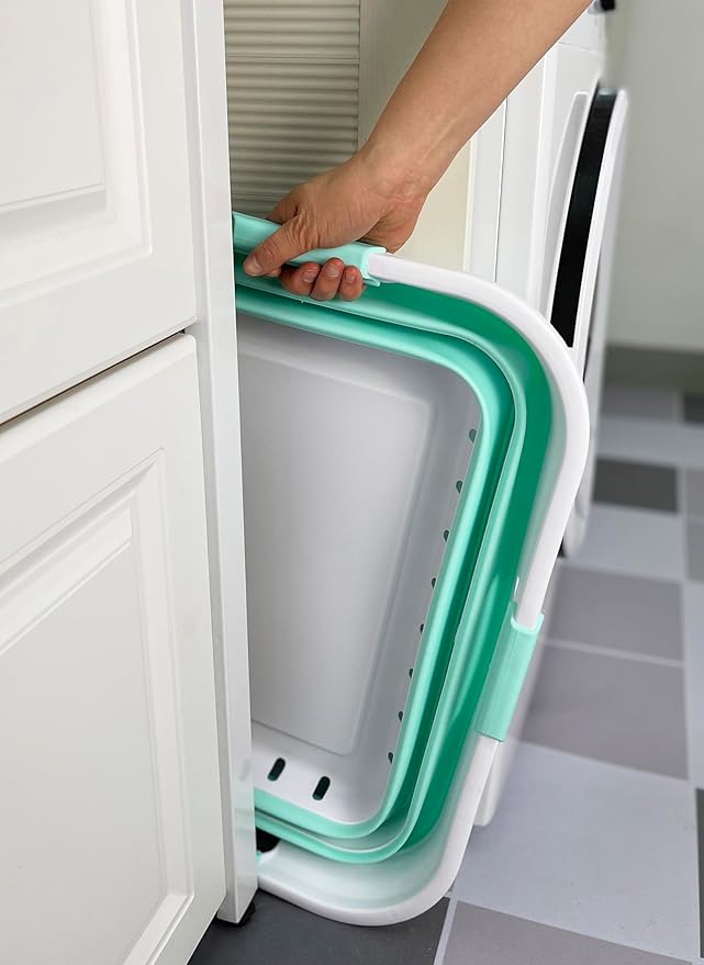 SAMMART 42L (11 gallons) Set of 2 Plastic Foldable Storage Basket/Container - Collapsible, Space Saving and Portable Laundry Hamper, Ideal for Home, Travel, Dorm (2, White/Light Green)