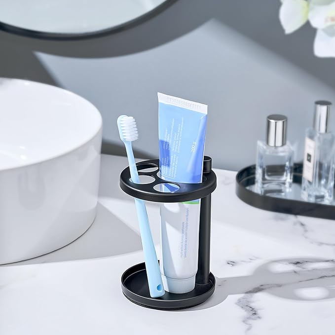 Toothbrush & Toothpaste Holder for Bathroom Countertop, Metal Electric Toothbrush Stand with Razor Slot, Ideal Design Caddy for Kids & Family, Black