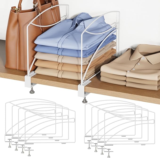 8-Piece Wire Shelf Dividers for Closet Organization, Upgraded C-Clips Adjustable Metal Shelf Dividers Suitable For Bedrooms & Kitchens, Storage Helper for Handbag Sweater Shirt Ankle Boots, White