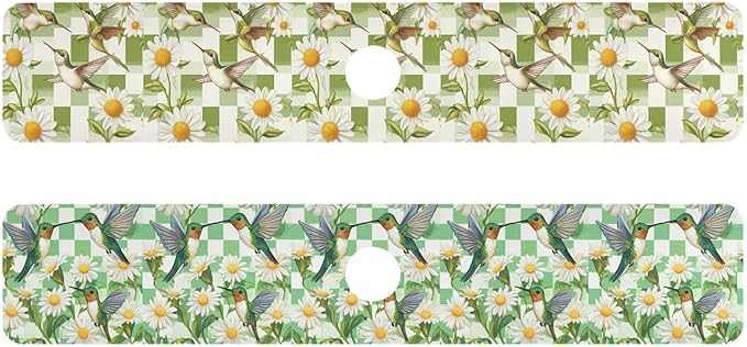 Checkered Green and White Hummingbirds Daisy Kitchen Sink Splash Guard Sink Faucet Mat Faucet Handle Drip Catcher Drain Mats for Kitchen Bathroom