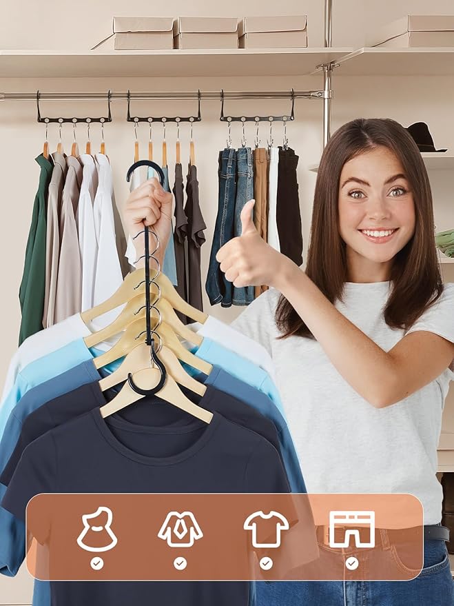 HOUSE DAY Black Magic Space Saving Hangers 10 Pack, Premium Smart Hanger Hooks, Sturdy Cascading Hangers with 5 Holes for Heavy Clothes, Closet Organizers and Storage, College Dorm Room Essentials
