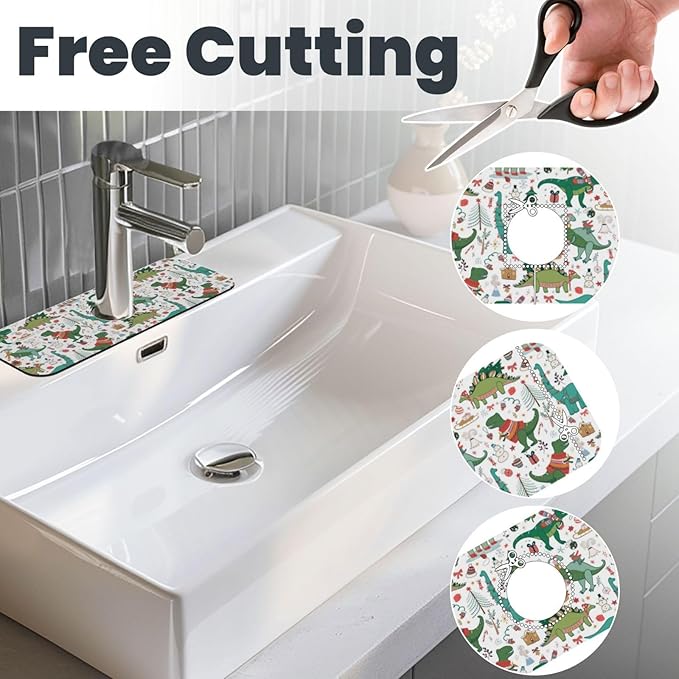 Dinosaur Christmas Happy New Year Kitchen Sink Splash Guard Faucet Mat Super Absorbent Fast Drying Mat Sink Gadgets-Fast Drying Pad Sink Mat For Kitchen Bathroom (15" X 5.5" )