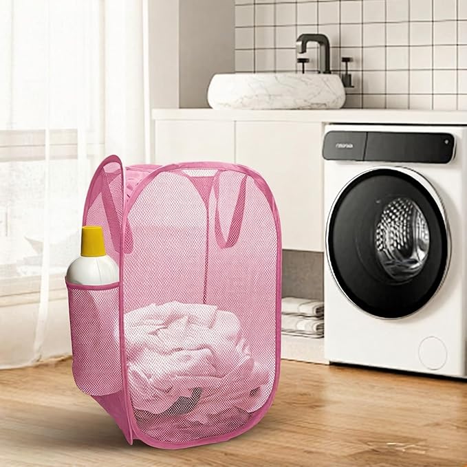 The upgraded pop-up laundry basket features a breathable side pocket mesh design, making it ideal for rooms, apartments, dormitories, travel, business trips, and children's storage (1,pink)