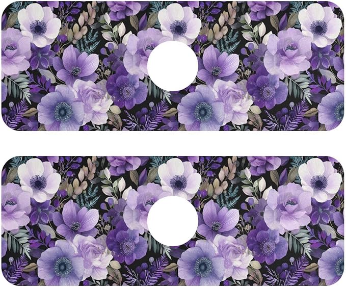 Purple Black Lotus Flower Kitchen Sink Splash Guard Sink Faucet Mat Faucet Handle Drip Catcher Drain Mats for Kitchen Bathroom Countertop Absorbent Dish Drying Pad 2Pack 30x5.4IN