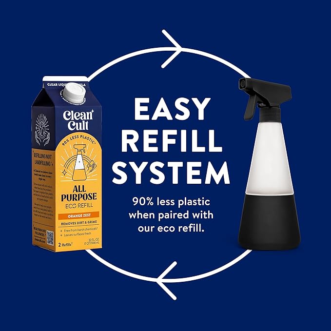 Cleancult Glass Spray Bottles (16oz, 2 Pack) - Refillable All Purpose Cleaning Spray Bottle - BPA-Free Plastic Nozzle & Non Slip Silicone Sleeve - Shatter Resistant, Dishwasher Safe - Matte Black