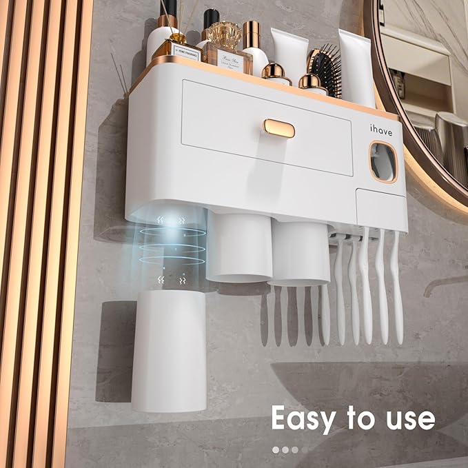 iHave Toothbrush Holders Wall Mounted with Toothpaste Dispenser & 3 Cups - Premium White and Gold Design for Bathroom Decor, All-in-One Bathroom Organizers & Storage for Toothbrushes and Accessories