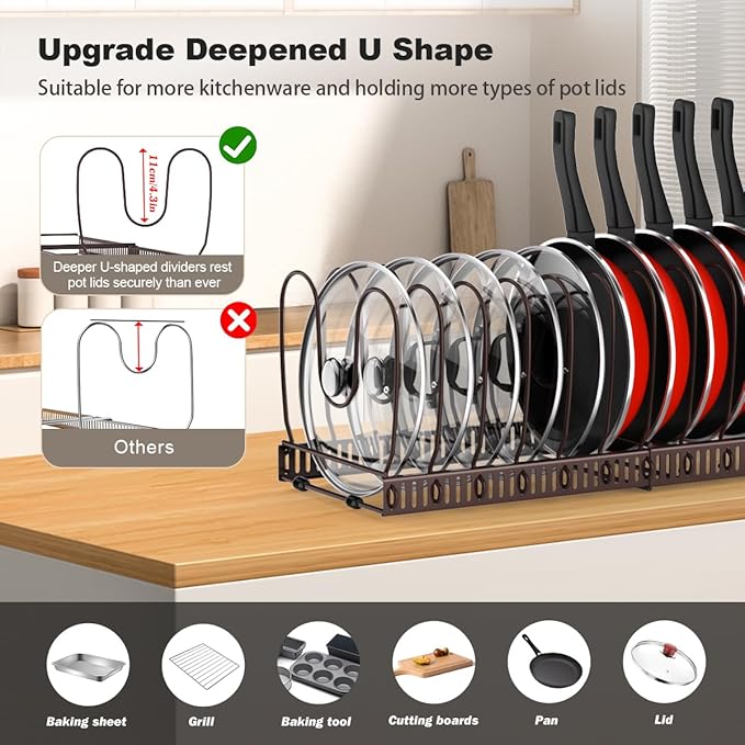 Housolution Pot and Pan Organizer Rack for Cabinet, Expandable Pot Lid Organizer with 15 Adjustable Dividers, Pan Holder Storage Rack for Kitchen Cabinet, Bronze