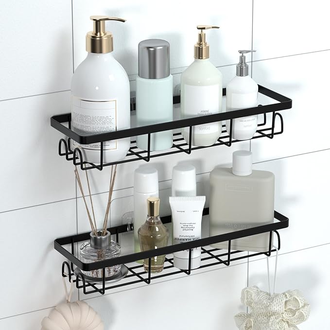Uninol Shower Caddy Organizer with Hooks,Self Adhesive Bathroom Shelves,No Drilling Bathroom Organizers and Storage,Perfect for RV, Apartment, Home Decor,2 Pack Black