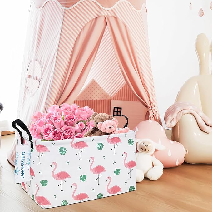 LANGYASHAN Rectangular Storage Bin Collapse Canvas Fabric Cartoon Storage Basket with Handles for Organizing Home Kitchen Boys and Girls Toys Office Closet Shelf Baskets(Rec Leaf Flamingo)