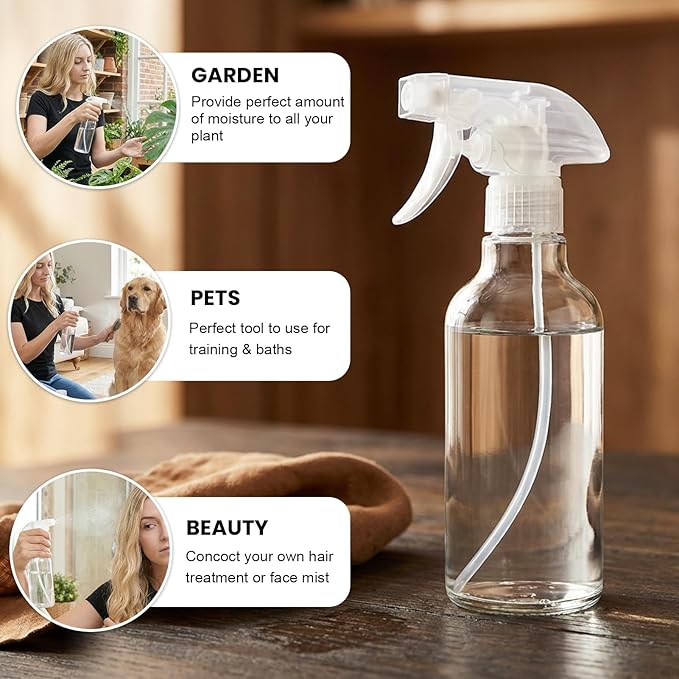Glass Spray Bottles 12oz Empty Spray Bottle Mist/Stream Spraying Small Refillable Containers for Hair Care, Cleaning Solutions, Plants, Essential Oils 2 Pack (Clear, 12oz)