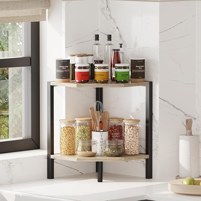 Corner Shelf Stand, 2 Tier Industrial Corner Bookshelf, Multipurpose Standing Corner Display Shelf Countertop Organizer for Living Room Kitchen Bedroom Office, Greige