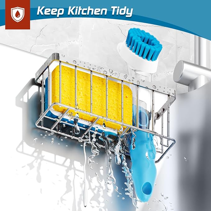 Sponge Holder for Kitchen Sink,Sink Caddy Organizer with Suction Cups/Adhesive Strips,Dish Sponge Holder Design for Sponges,Scrubber,Stoppers-Silver