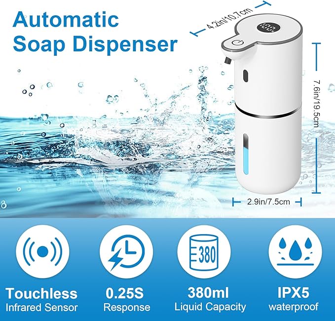 2 Pack Automatic Foaming Soap Dispenser Touchless, USB Rechargeable Smart Hand Soap Dispenser, 6-Level Adjustable, 12.8oz/380mL Wall Mount for Bathroom Kitchen Dish Soap-White