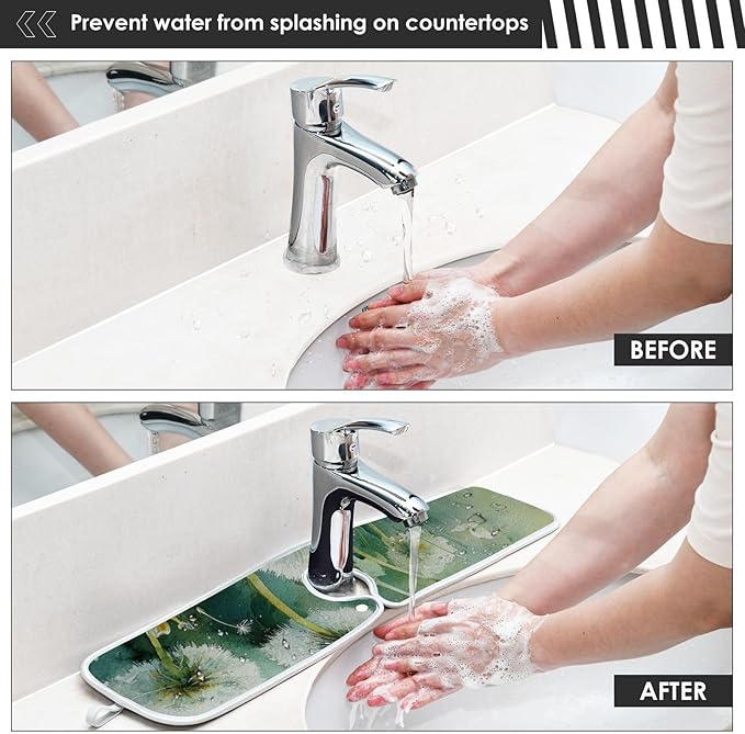 Sink Faucet Absorbing Mat Kitchen Sink Splash Guard Splash Faucet Drip Catcher for Bar RV Bathroom 2PCS 23.6x5.5in Sage Green Dandelion