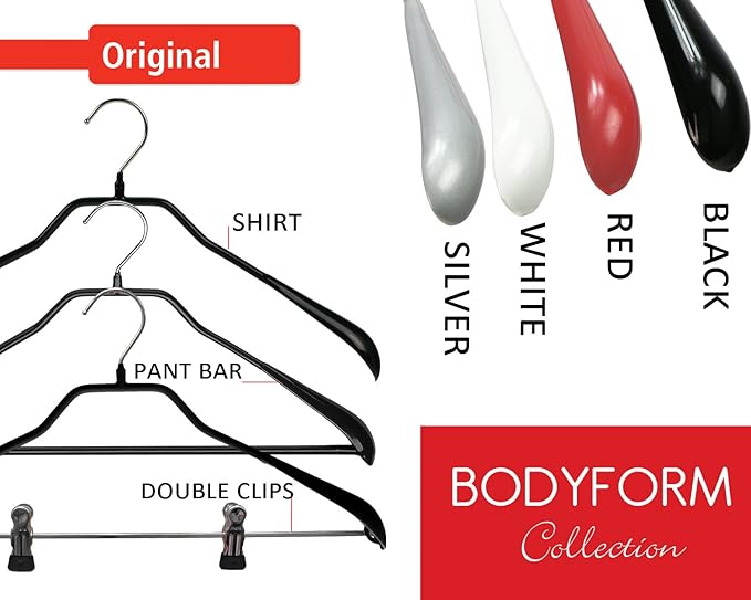 Mawa by Reston Lloyd BodyForm Series Non-Slip Space Saving Clothes Hanger with 2 Clips for Pants or Skirts, Style 42/LK, Set of 2, Black