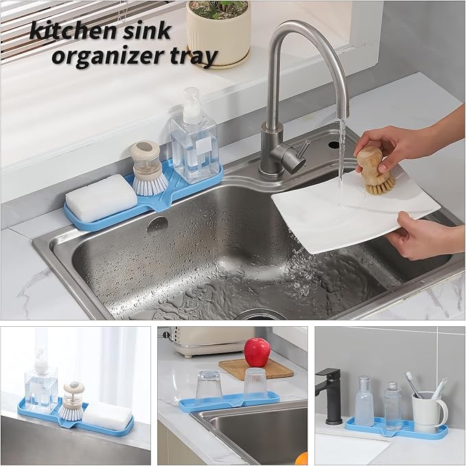 MicoYang Silicone Bathroom Soap Dishes with Drain Spout-Bathroom and Kitchen Sink Organizer,Sponge Holder,Dish Soap Tray,Perfect for Dispenser,Scrubber,Bottle on Sink or Counter-Light Blue 12"×4"