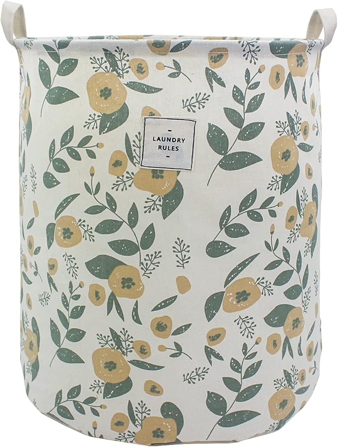 Mziart Collapsible Laundry Basket, Floral Printing Large Laundry Hamper for Baby Girls Kids Toys Clothes Organizer Foldable Storage Bin Waterproof Canvas Nursery Storage Basket with Handles (Green)