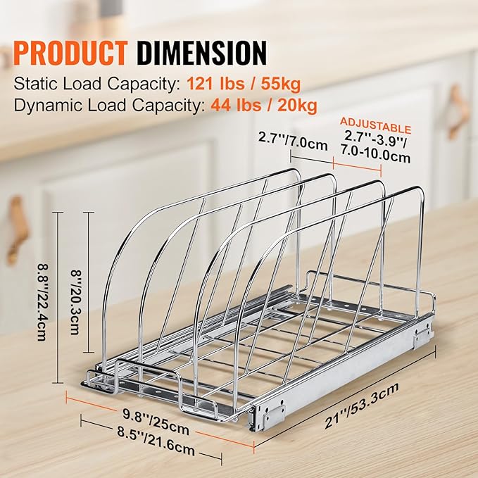 VEVOR Pan and Pot Rack, Expandable Pull Out Under Cabinet Organizer, Cookie Baking Pans tray Organization, Adjustable Wire Dividers, Steel Lid for Kitchen Cabinet & Pantry, 8.5"W