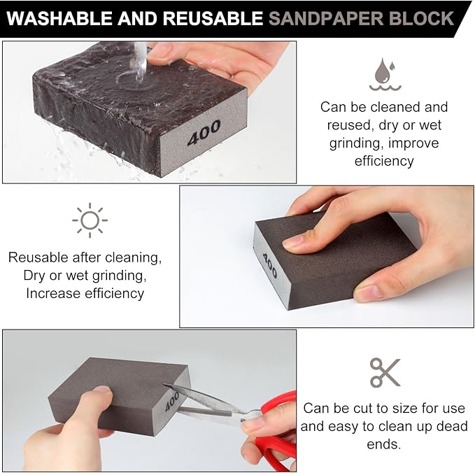 Romeda 8-Pack Sandpaper Block, 400 Grits Washable and Reusable Handmade Sanding Sponge, Drywall Sandpaper Blocks for Wooden Drywall Sheetrock and Metal Glazing