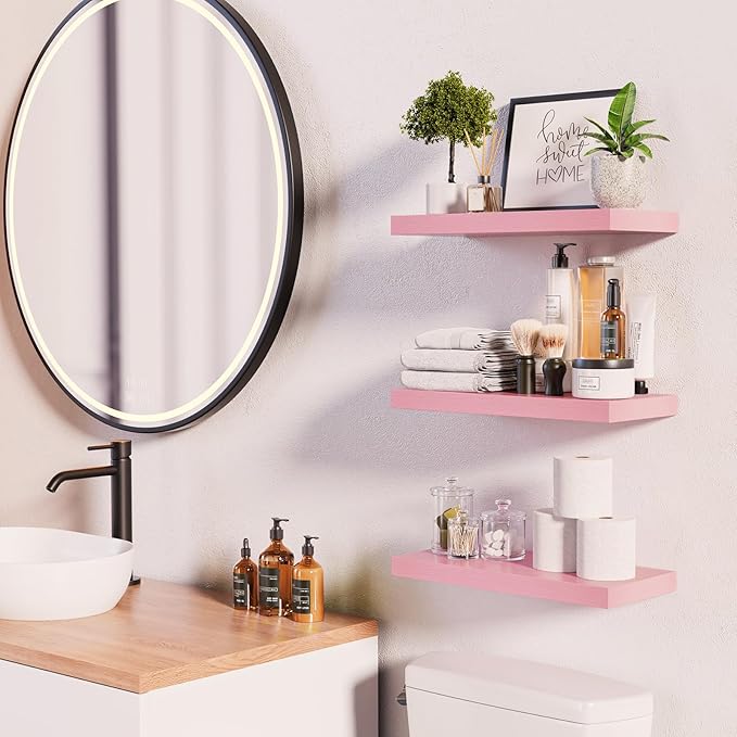 BAYKA Pink Floating Shelves for Wall – 15.7in Wood Wall Shelves for Bathroom, Bedroom, Living Room Decor Organize – Hanging Shelf for Books/Storage/Display with 22lbs Capacity(Set of 3)