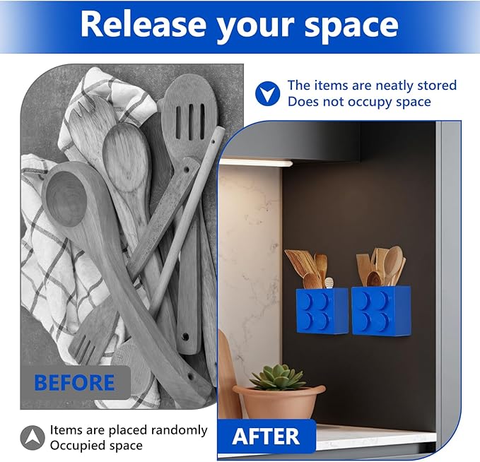 Magnetic Basket Organizer for Fridge - Lego-Style ABS Plastic Storage Box,No Drill Design for Kitchen Counter, Microwave & Whiteboard, Holds Up to 3.5 lbs (Blue)