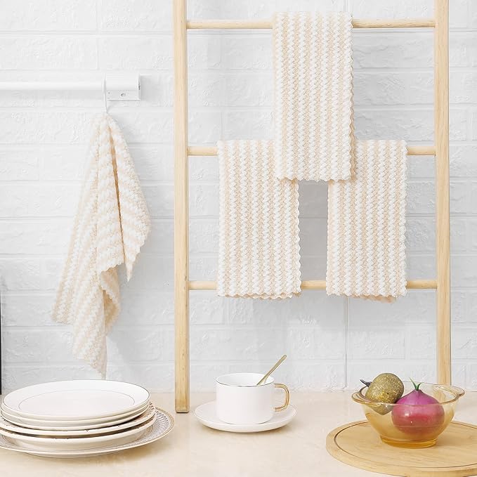 Homaxy Kitchen Towels(12 Pack, 10 x 20 inches), Ultra Soft and Absorbent Dish Towels, Reusable Fast Drying Microfiber Cleaning Cloth, Coral Velvet Wave Design No-lint, Beige