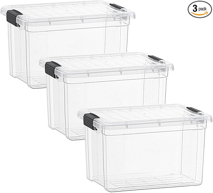 Superio Clear Storage Boxes with Lids, 49 Quart Plastic Container Bins for Organizing, Stackable Crates, BPA Free, Non Toxic, Odor Free, Organizers for Home, Office and Dorm, 3 Pack