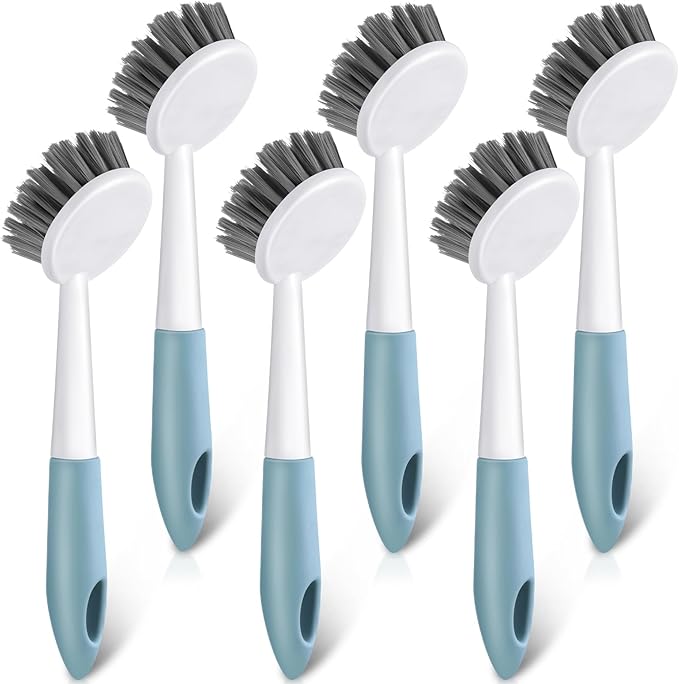 Patelai 6 Pack Kitchen Scrub Dish Brush with Long Handle Dish Scrubber with Stiff Bristles Scrub Brushes for Kitchen Dishes Washing Tools, Pots, Pans and Sink Cleaning (Celadon)