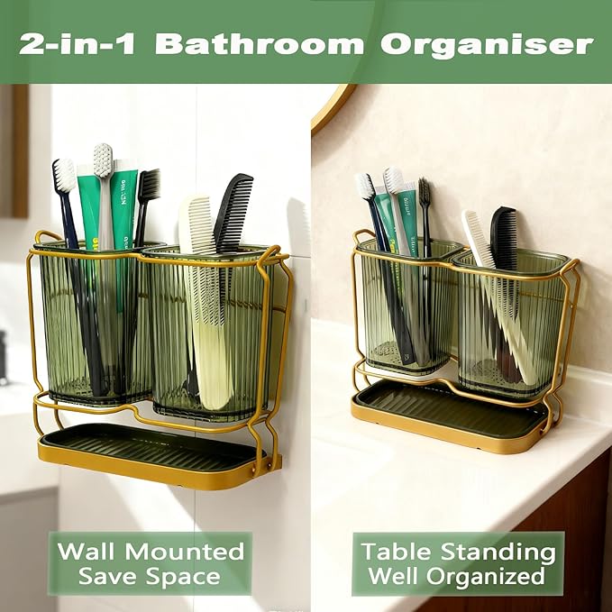 Christmas Green Toothbrush Holders for Bathrooms, 2 Cups Toothbrush Holders Wall Mounted, Bathroom Organizers and Storage, Bathroom Toothbrush Holder Set for Toothpaste Razors Toothbrush