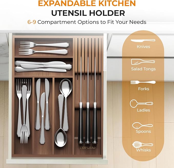 Small-Bamboo-Silverware-Drawer-Organizer, Expandable Utensil Kitchen Cutlery Tray Flatware Organization Wood Tableware Dividers Storage (with Removable Knife Block)(Brown)