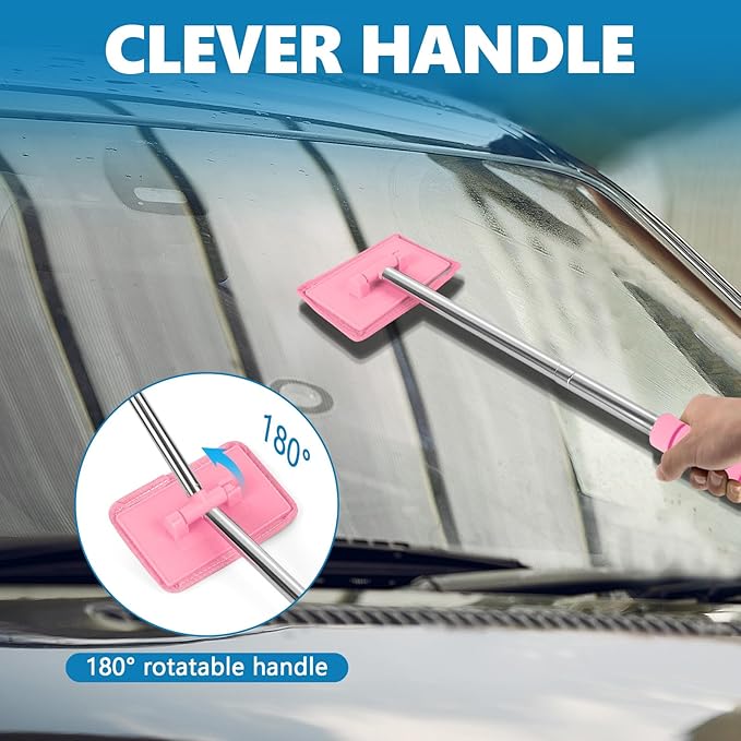 Car Windshield Cleaning Tool, Car Windshield Window Cleaner, Auto Glass Wiper Tool with Extendable Handle & Reusable Microfiber Pad, Universal Vehicle Cleaning Car Accessories (Pink)