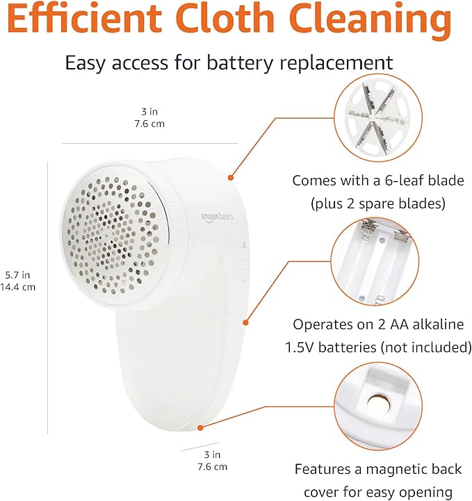 Amazon Basics Battery Operated Fabric Shaver for Lint and Fuzz Removal, Includes 2 Spare Blades, White