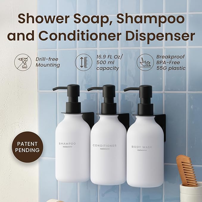 MaisoNovo Shampoo and Conditioner Dispenser - Shower Soap Dispenser Wall Mounted - 16.9 fl oz Set of 3 White Plastic Bottles Black Plastic Pump - 3 Chamber No Drill