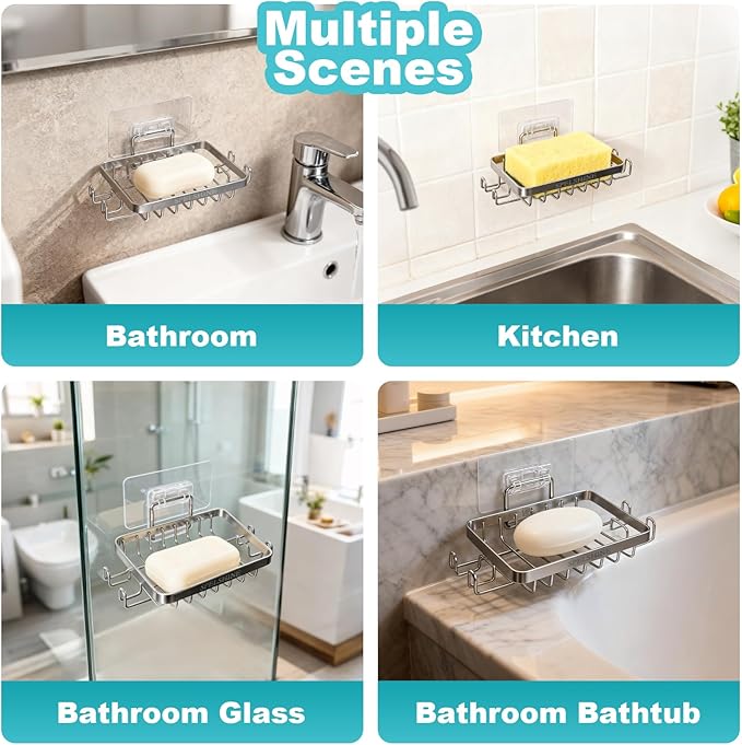 White Silver Soap Dish for Shower 2 Pack, Suction Cup Square Shower Soap Holder - 304 Stainless Steel Silver Soap Saver - Comfortable Essential for Apartment, Home and Dormitory