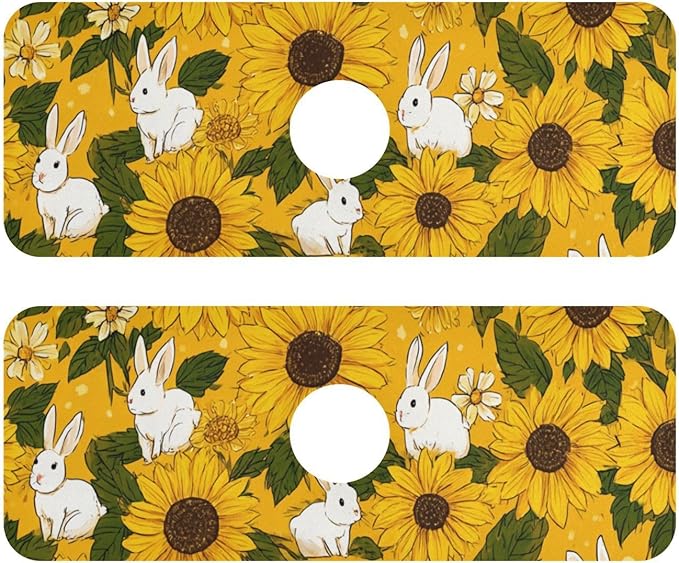 Autumn Sunflower and Cute Rabbit Kitchen Sink Splash Guard Sink Faucet Mat Faucet Handle Drip Catcher Drain Mats for Kitchen Bathroom Countertop Absorbent Dish Drying Pad 2Pack 14.7x5.4IN