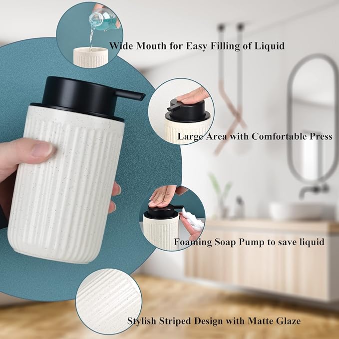 BosilunLife Foaming Soap Dispenser Set - Beige Ceramic Foam Hand Soap Dispenser 12oz with Rust Proof Pump, Easy Pressing, Refillable for Kitchen & Bathroom - 2 Pack